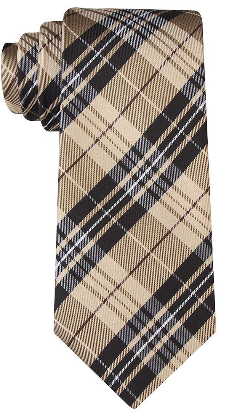Scott Allan Collection Scottish Tartan Plaid Ties for Men - Woven Necktie - Khaki and Black - Image 1